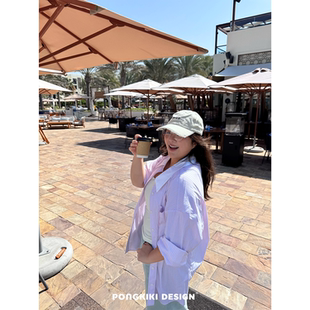 老章和小胖PONGKIKI度假粉条纹衬衣女大码外穿内搭宽松亲肤衬衫春