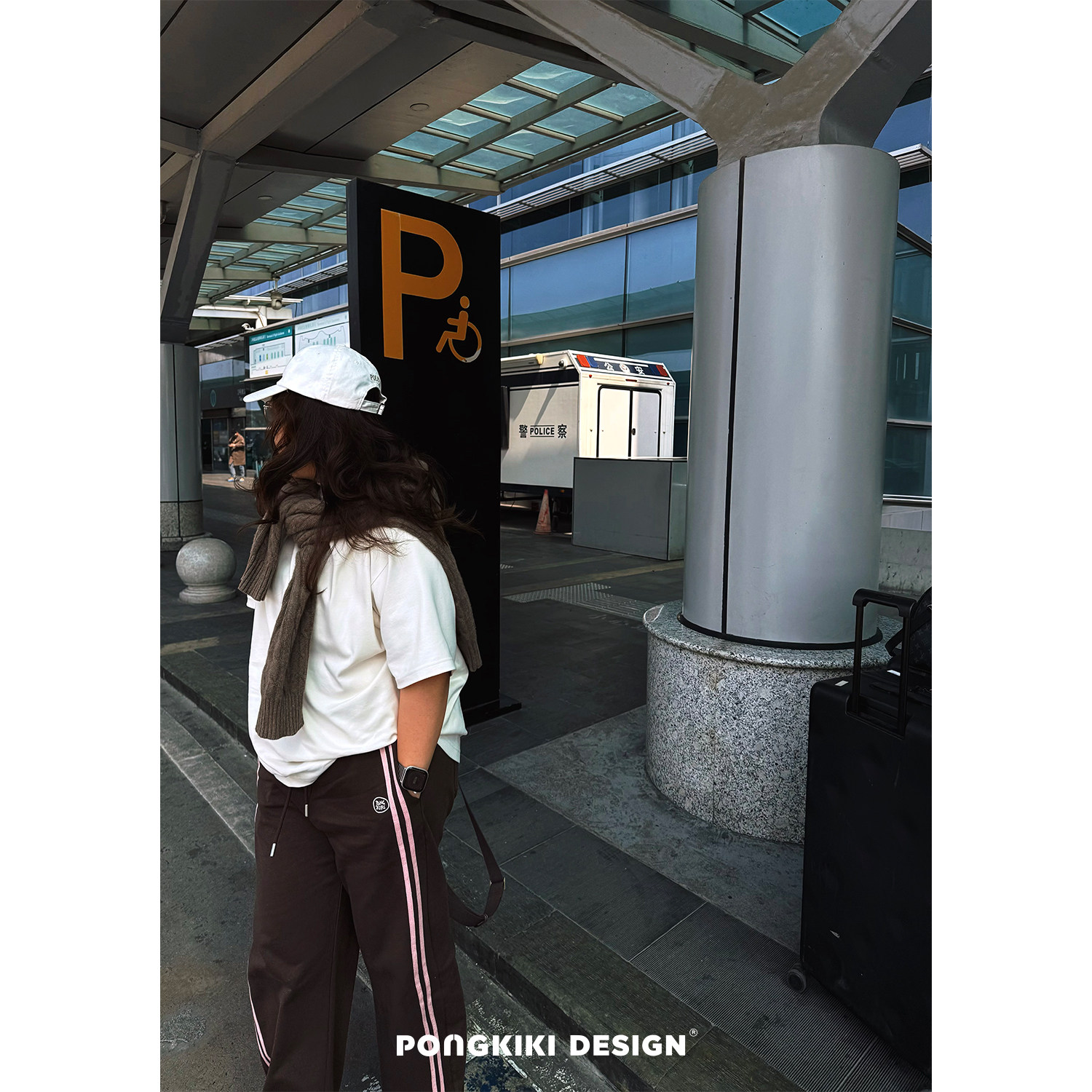 老章和小胖PONGKIKI大码女装粉布朗尼杠杠裤胖mm春季休闲直筒长裤