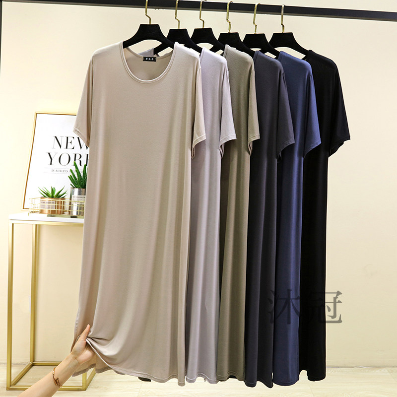 莫代尔睡裙男加肥加大码宽松短袖长款连体睡衣家居服浴袍晨袍长裙