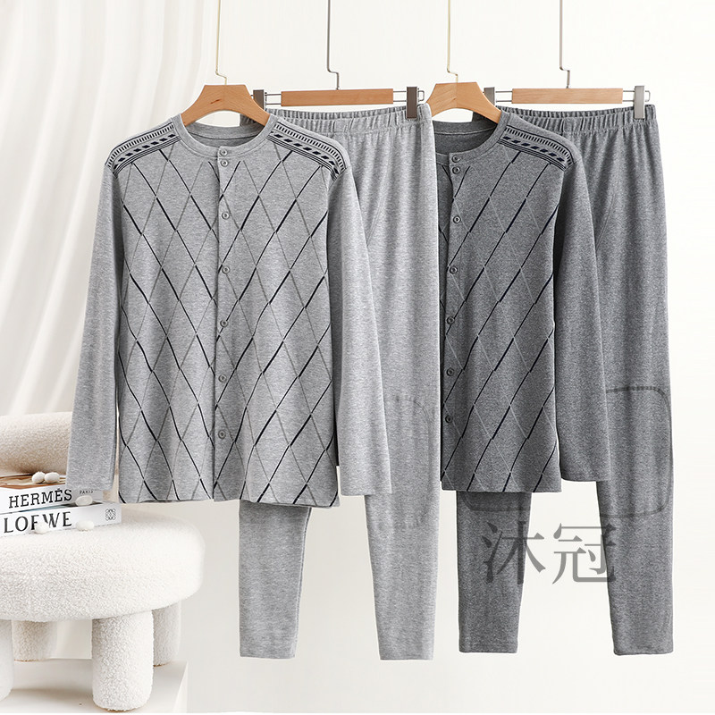 秋冬印花开衫睡衣套装男中老年爸爸纯棉长袖护膝大码内衣秋衣秋裤