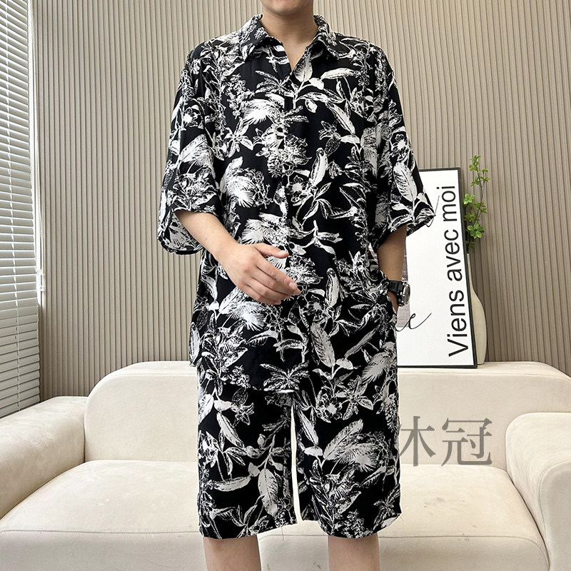 男士棉绸衬衣短裤套装开衫家居服