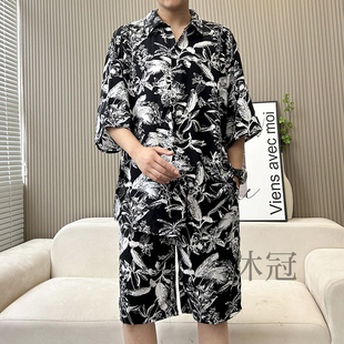 男士棉绸衬衣套装夏季人造棉印花短袖短裤睡衣大码青年家居服开衫