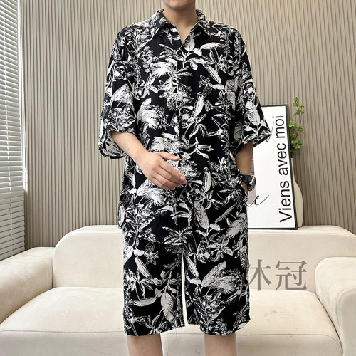 男士棉绸衬衣短裤套装开衫家居服
