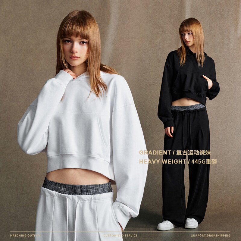 美式潮牌大口袋连帽卫衣秋冬重磅短款小个子内搭毛圈帽衫上衣女