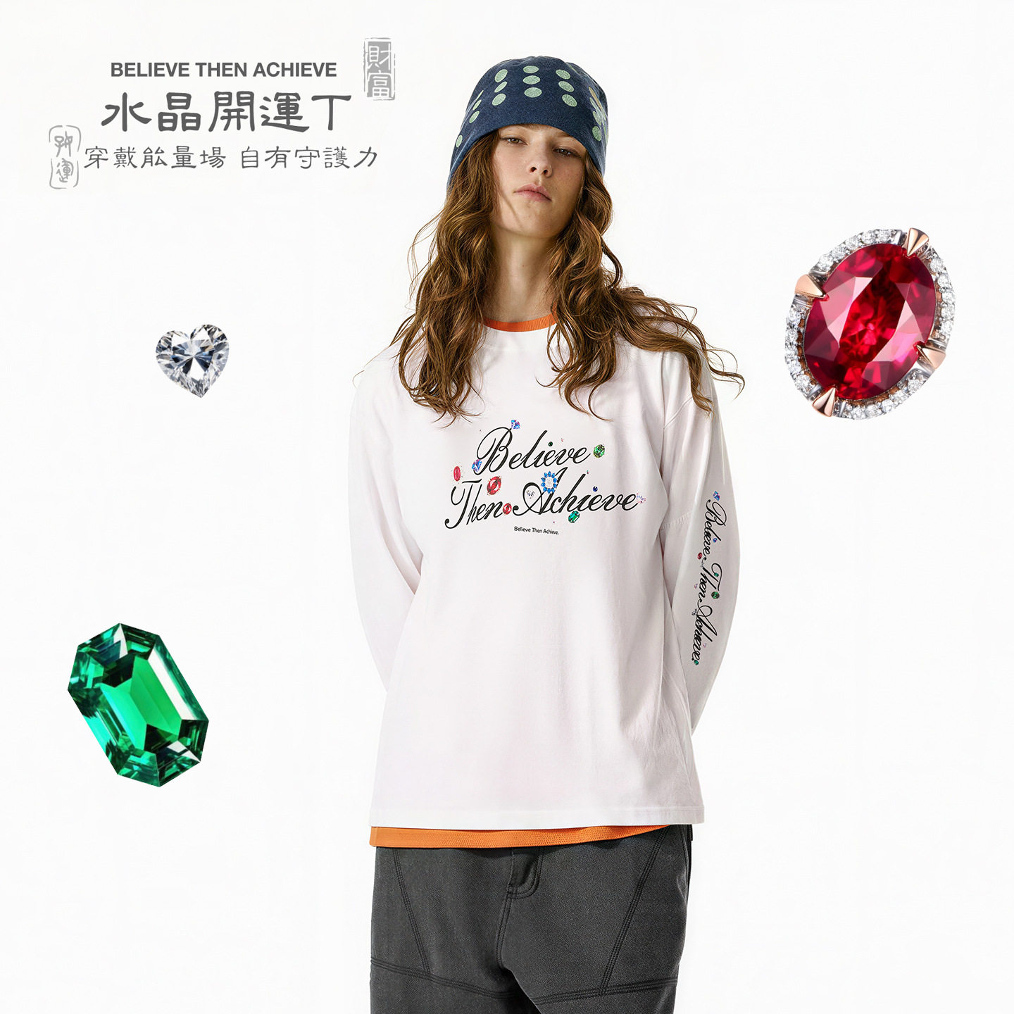 美式潮牌水晶开运长袖T恤秋冬新品字母宝石印花ins重磅圆领上衣男