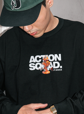 ACTIONS复古街头静物印花305G重磅纯棉美式长袖T恤宽松国潮体恤男