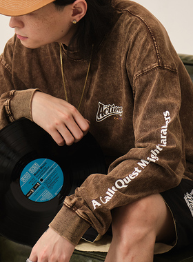 ACTIONS秋季新款美式复古做旧水洗印花宽松落肩长袖T恤男潮牌上衣