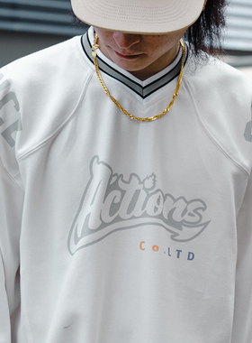 ACTIONS秋季300G重磅亲肤棉复古美式冰球服宽松印花长袖T恤男卫衣