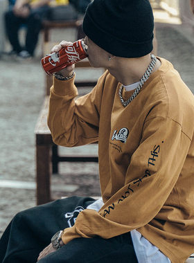 ACTIONS 秋季幸运黑8美式休闲纯棉宽松百搭打底衫圆领长袖T恤男潮