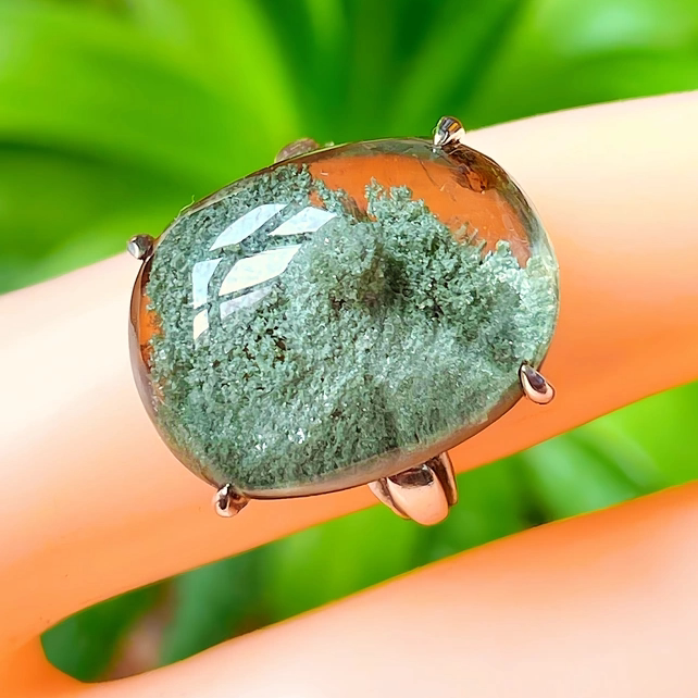 天然水晶戒指绿幽灵戒指巴西绿幽灵石中石戒指戒面手工银包礼物女