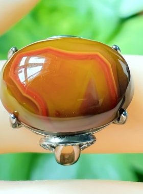 天然原石原矿战国红老料蛋面戒指女手工银包活圈镶嵌戒指日常礼物