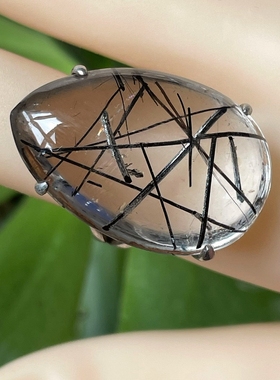 天然水晶戒指发晶戒指黑发晶戒指黑钛晶戒指手工银包生日礼物个性