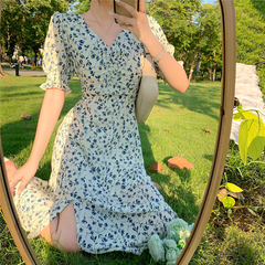 French retro floral Platycodon skirt summer new Korean temperament split collar bubble sleeve dress