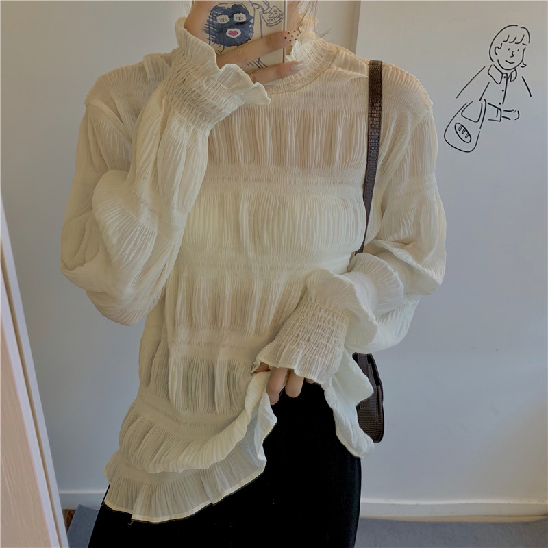 The Chiffon Top and sweater of fairyland with the new style of female autumn and winter with half high collar and long sleeve lace as backing