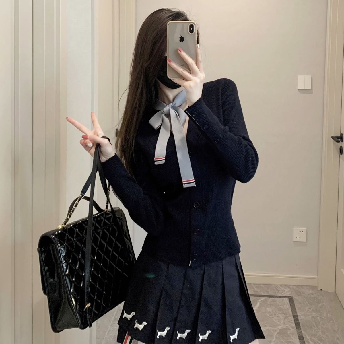 tb春季针织衫女士修身开衫学院风可爱风蝴蝶飘带V领羊毛开衫外套