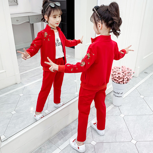 女童网红套装春装2022新款洋气儿童女孩时髦春秋季绣花运动三件套