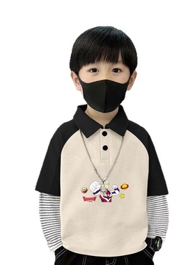 男童翻领T恤春秋新款儿童polo衫洋气上衣打底撞色假两件长袖男孩