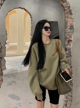 薄款卫衣女秋装2025新款欧美风长袖宽松绿色圆领学生外套上衣女潮