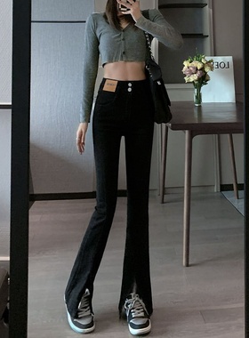 开叉微喇牛仔裤女2025年春秋新款黑色喇叭超模裤高腰显瘦拖地裤子