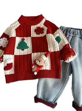 小布熊2025冬季新款童装儿童圣诞款小熊毛衣男女童加厚红色针织衫