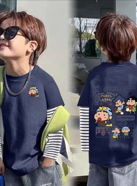 男童纯棉长袖T恤2025年春秋新款中大童宝宝假两件条纹打底衫上衣