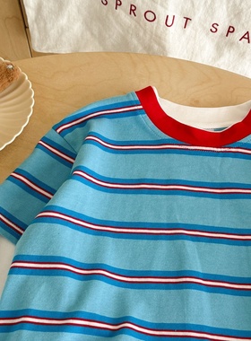 男童全棉长袖T恤春秋新款儿童假两件条纹打底衫宝宝上衣春装t跨境