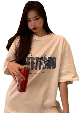 白色T恤女春夏2025年新款韩版港味复古印花学生中长款上衣打底衫