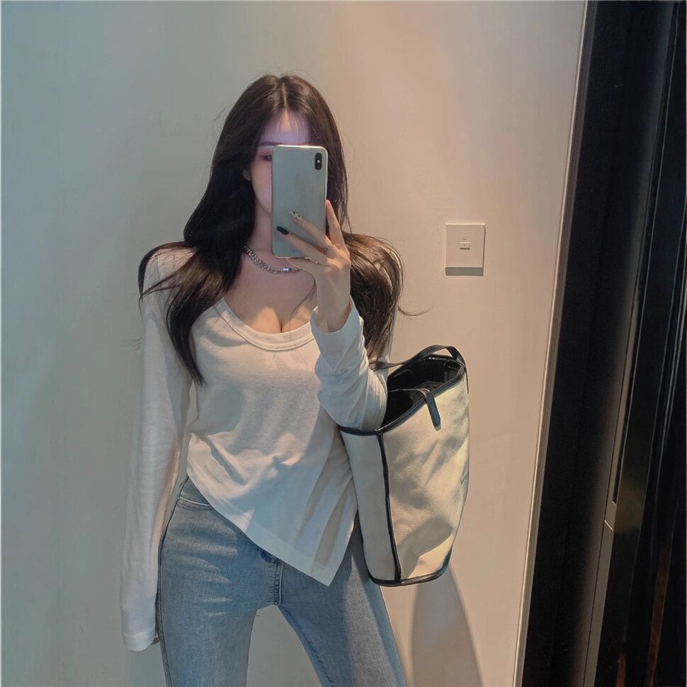 T恤女修身性感低领白色洋气长袖内搭打底衫2025秋季新款修身上衣