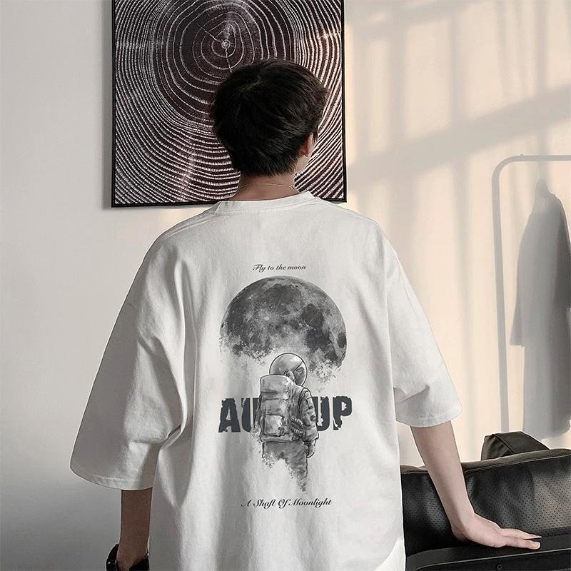 纯棉重磅白色国潮t恤男港风ins短袖男夏季宽松大码体恤nasa宇航员