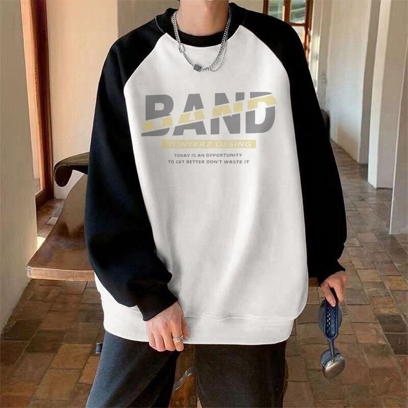 撞色插肩卫衣男加厚美式复古慵懒风高级秋冬加绒感无帽潮女ins潮