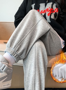 灰色运动裤子女加绒秋冬2025新款宽松显瘦萝卜小个子束脚休闲卫裤