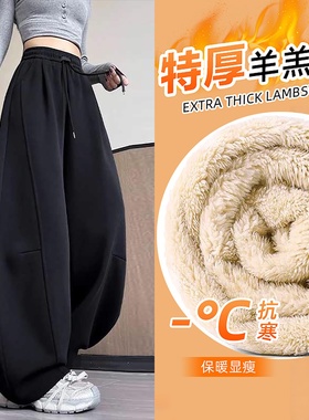 黑色羊羔绒卫裤女秋冬季2025新款大码胖mm宽松休闲阔腿香蕉运动裤