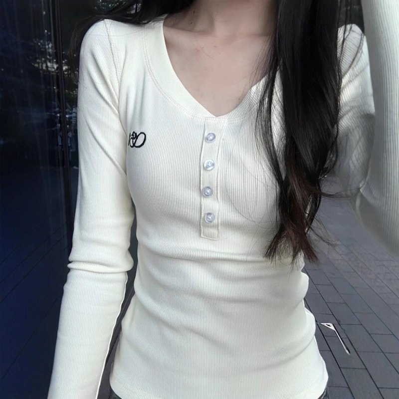 设计感V领长袖T恤女2025秋季新款内搭短款打底衫美式辣妹修身上衣