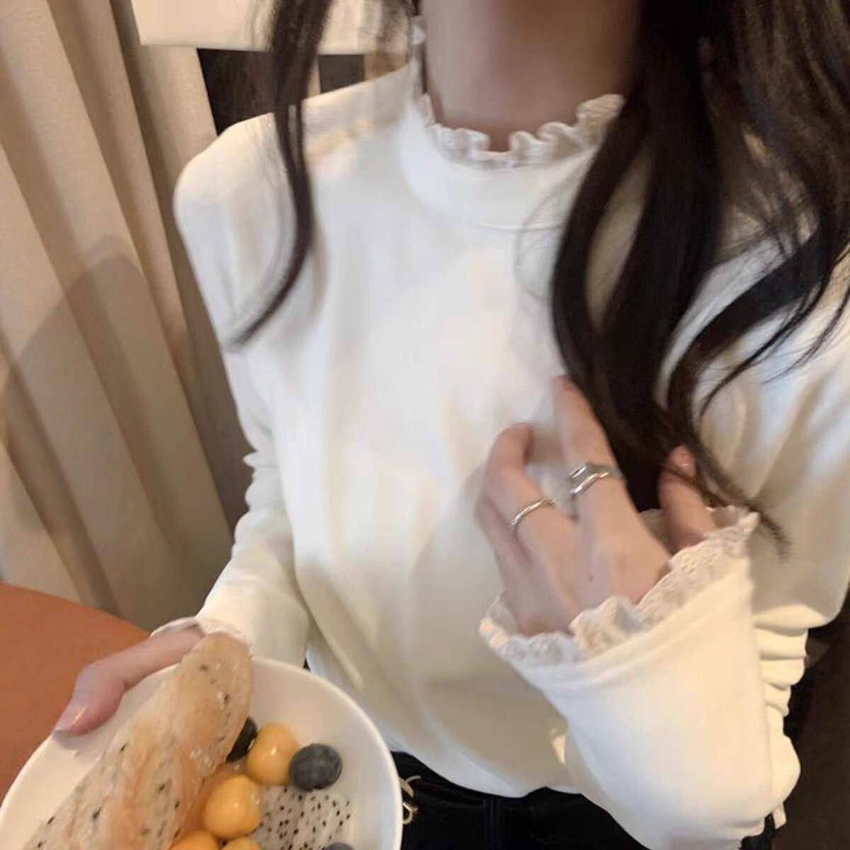 蕾丝花边德绒半高领长袖t恤打底衫女2025秋冬新款内搭学生上衣潮