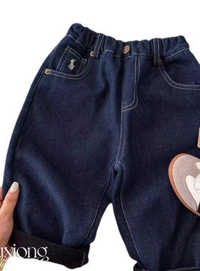 小布熊儿童长裤25秋冬男女童加绒牛仔裤宝宝纯色一体绒休闲直筒裤