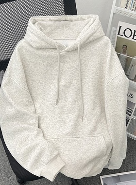重磅棉白灰色连帽学生加厚卫衣简约男女款上衣秋冬加绒百搭外套潮