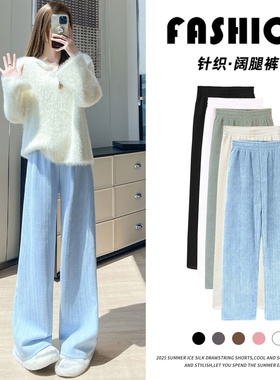 蓝色雪尼尔阔腿裤女2025新款秋冬季加绒加厚针织休闲直筒阔腿裤子