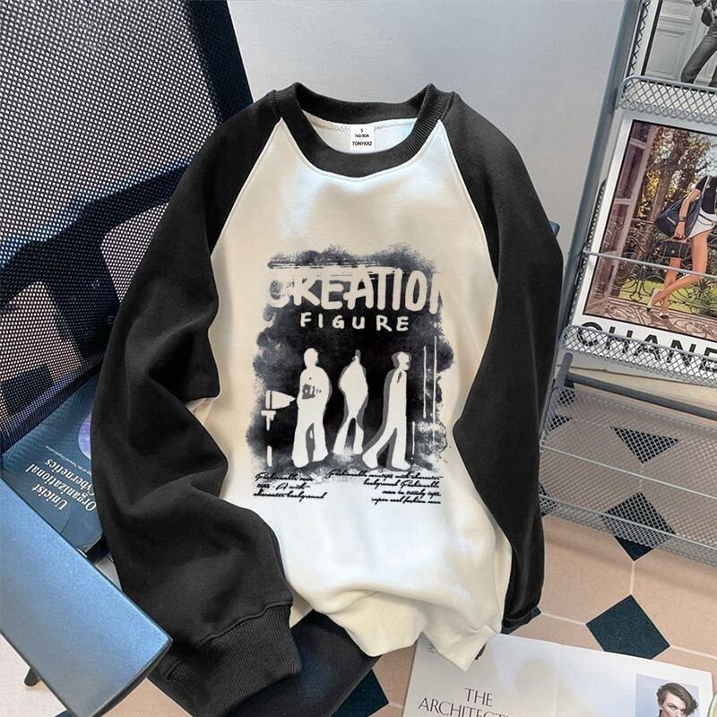 撞色插肩卫衣男加厚美式复古慵懒风高级秋冬加绒感无帽潮女ins潮