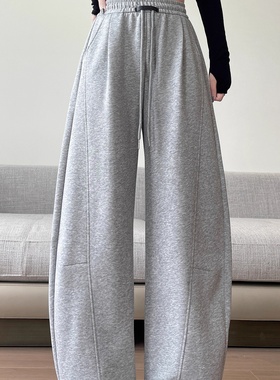 灰色运动裤女2025新款秋季宽松直筒休闲卫裤小个子窄版弯刀阔腿裤