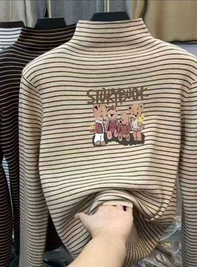 男女童德绒内搭打底衫春秋中大童半高领长袖T恤洋气条纹保暖上衣