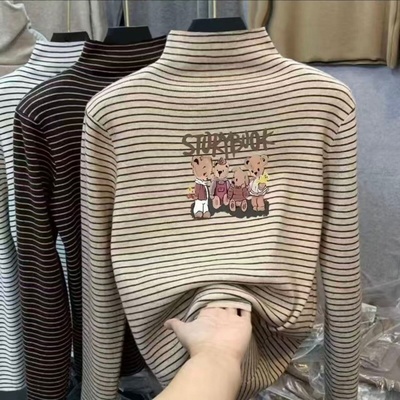 男女童德绒内搭打底衫春秋中大童半高领长袖T恤洋气条纹保暖上衣