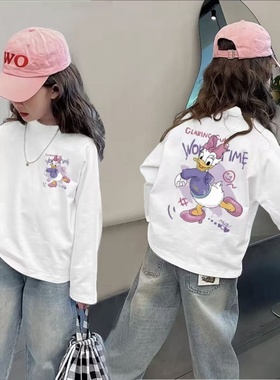 男女童纯棉圆领长袖2025新款春秋中大童休闲百搭卡通印花打底上衣