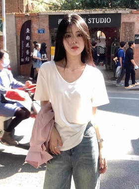 白色v领短袖t恤女夏季2025新款宽松纯色打底衫内搭辣妹学生上衣潮