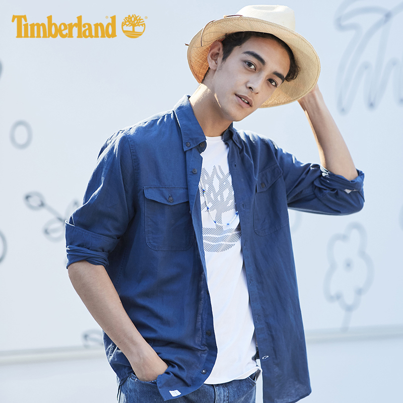 Timberland添柏岚男装19春装棉麻双贴袋长袖衬衫|A1WU6