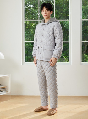 弗劳思男士冬季家居服套装加厚保暖玲珑格春亚纺睡衣休闲加厚