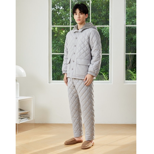 弗劳思男士冬季家居服套装加厚保暖玲珑格春亚纺睡衣休闲加厚