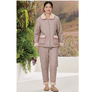 弗劳思女士冬季翻领100%棉睡衣套装加厚保暖家居服可外穿