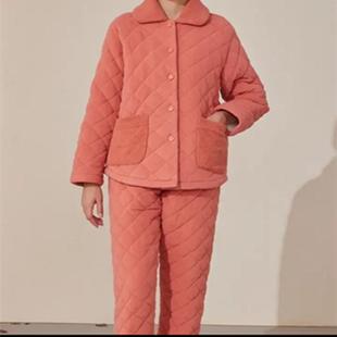 flossy弗劳思女士冬季加绒三层加厚保暖简约家居服套装B32D210