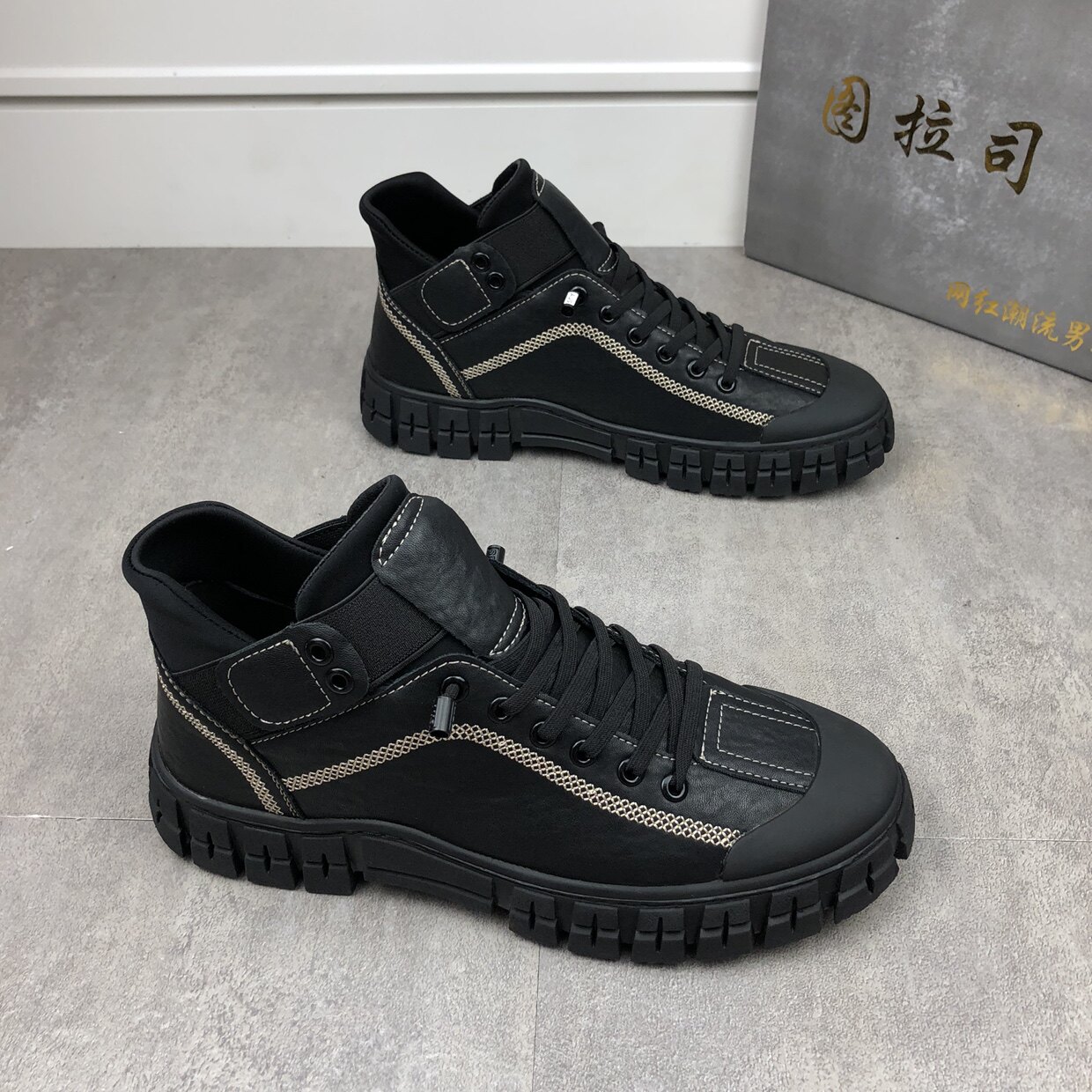 秋冬新款套脚男士时尚厚底休闲鞋韩版板鞋网红百搭舒适软底潮男鞋