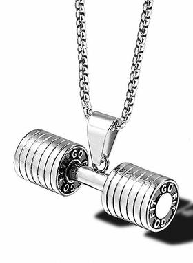 新款健身达人潮男勇士举重不锈钢吊坠配饰品杠铃哑铃钛钢项链首饰